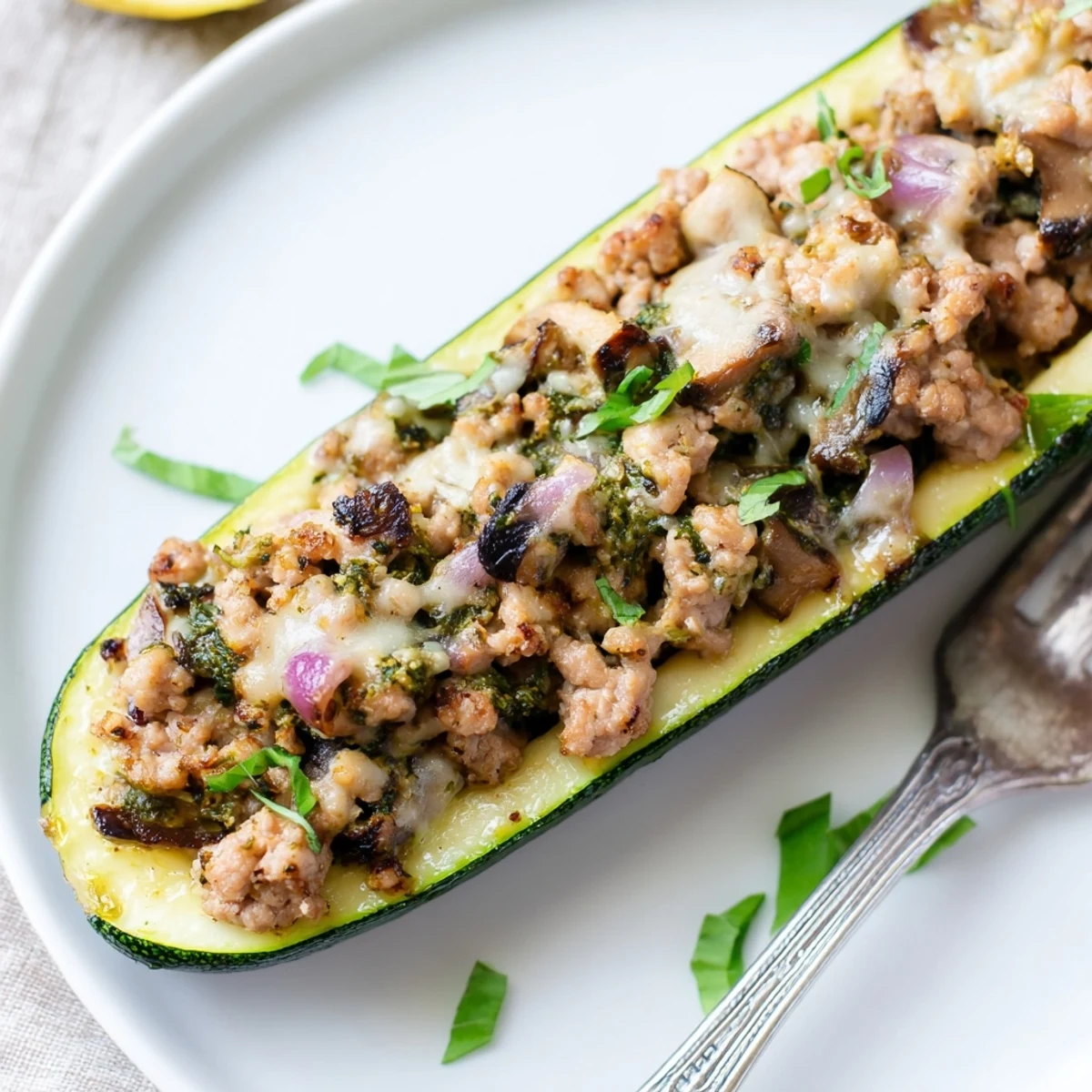 Hearty Pesto Turkey and Mushroom Zucchini Boats served warm with lemony salad.