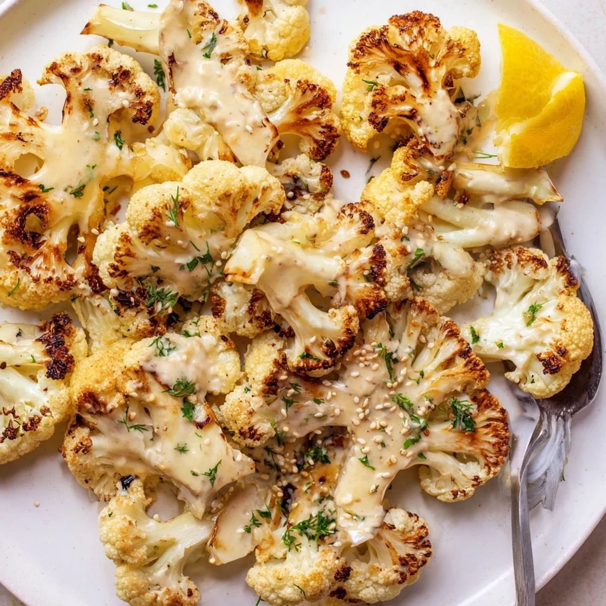Roasted Cauliflower With Lemon Herb Tahini Sauce glistening golden florets drizzled, parsley garnish