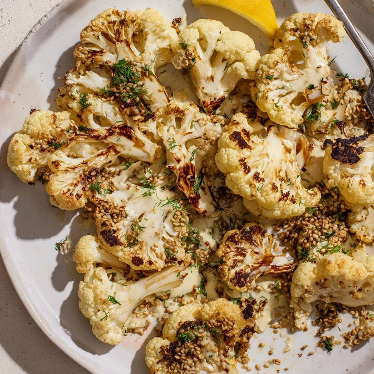 Aromatic lemon tahini coating on Roasted Cauliflower With Lemon Herb Tahini Sauce, sesame seeds