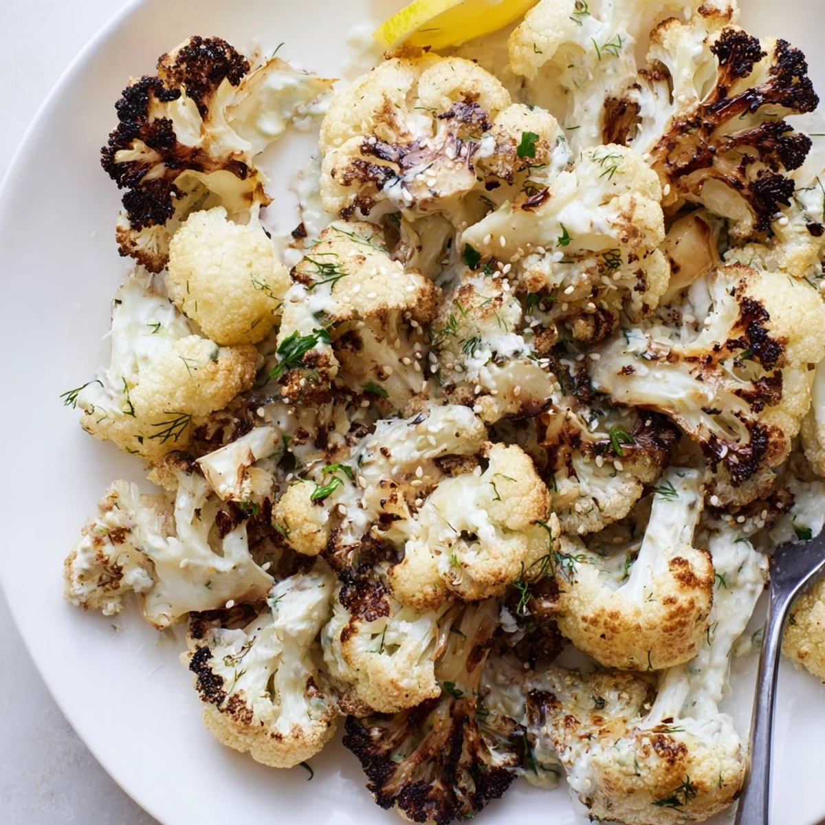 Warm caramelized florets of Roasted Cauliflower With Lemon Herb Tahini Sauce, lemon wedges