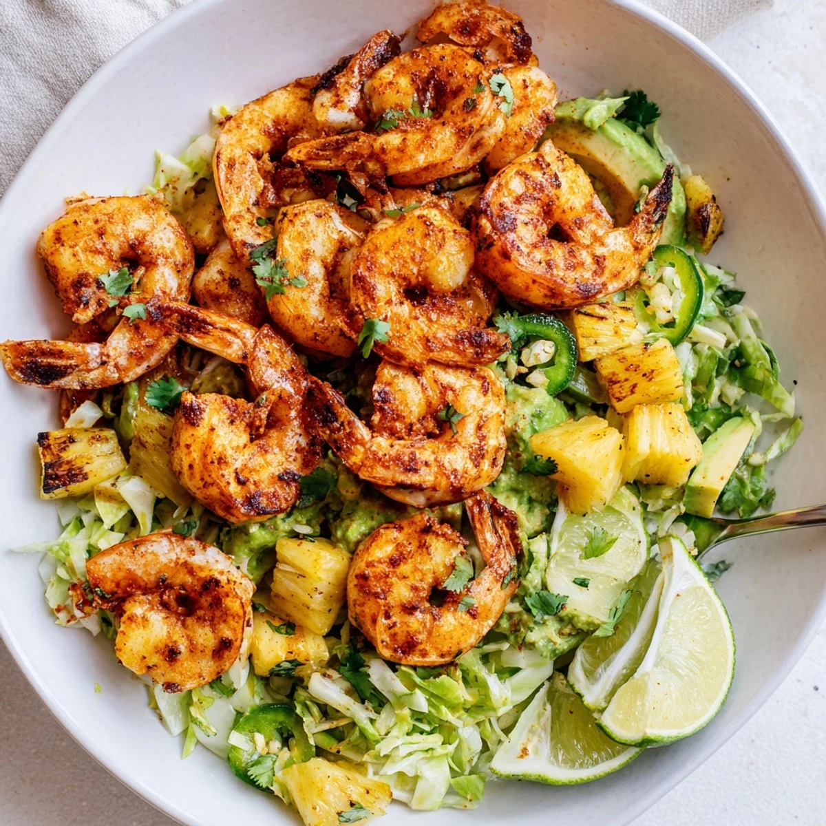 Spicy Pineapple Shrimp With Lime Avocado Crunch on vibrant lime dressed slaw  