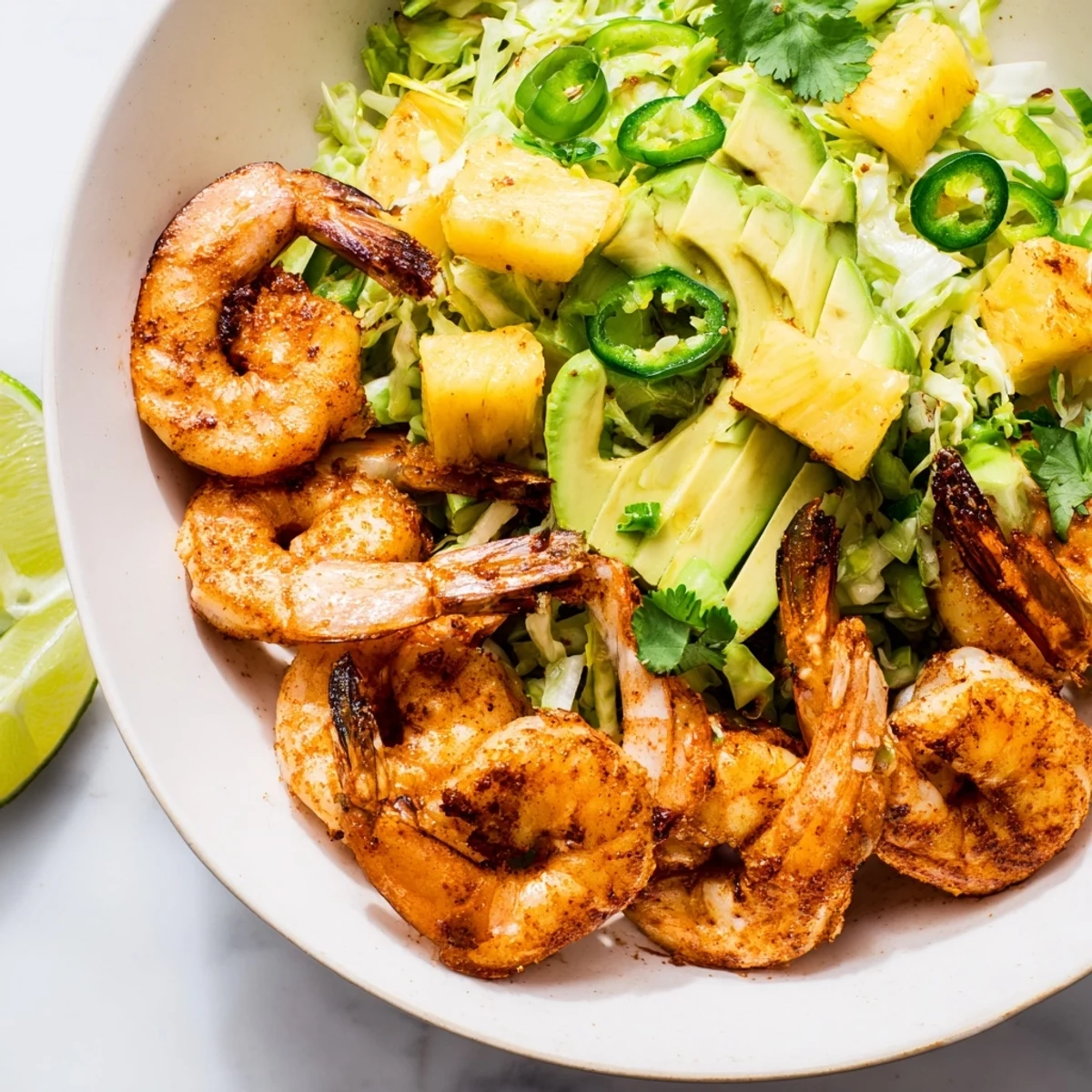 Grilled Spicy Pineapple Shrimp With Lime Avocado Crunch, caramelized pineapple glistening  