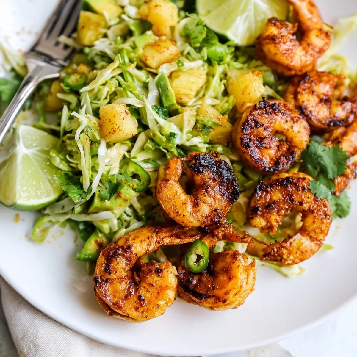 Tender Spicy Pineapple Shrimp With Lime Avocado Crunch served with warm tortillas