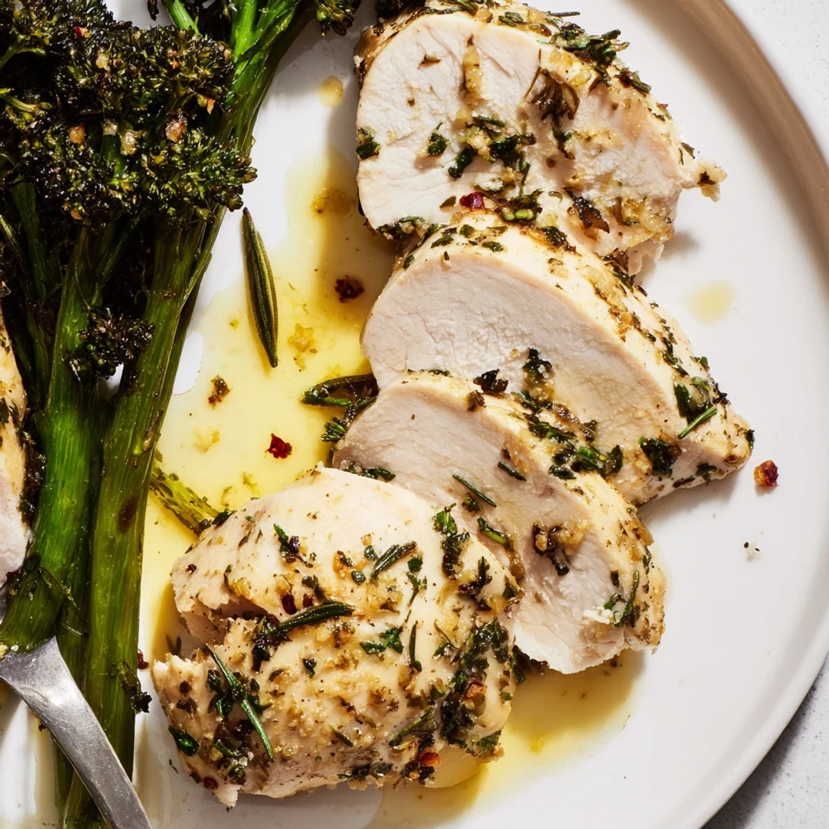 Garlic Herb Chicken with Roasted Broccolini, golden breasts glistening with lemon-garlic
