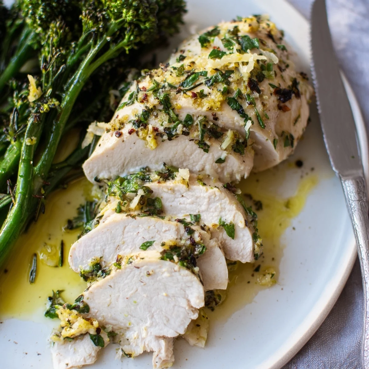Weeknight Garlic Herb Chicken with Roasted Broccolini, tender meat and crisp green stalks