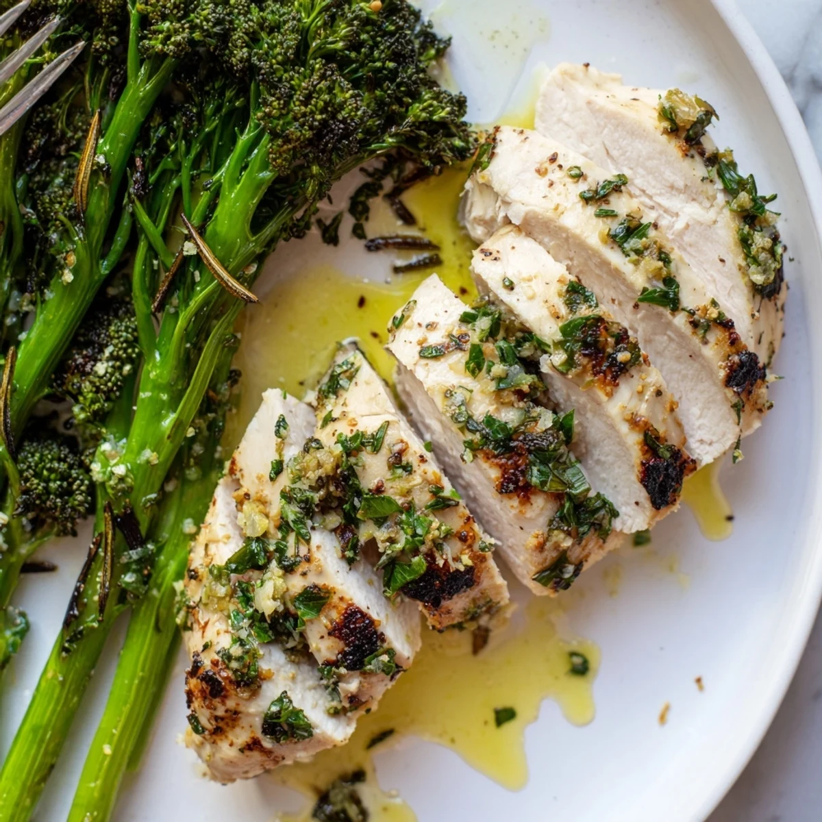 Sliced Garlic Herb Chicken with Roasted Broccolini, oven-roasted, herb-scented, served warm