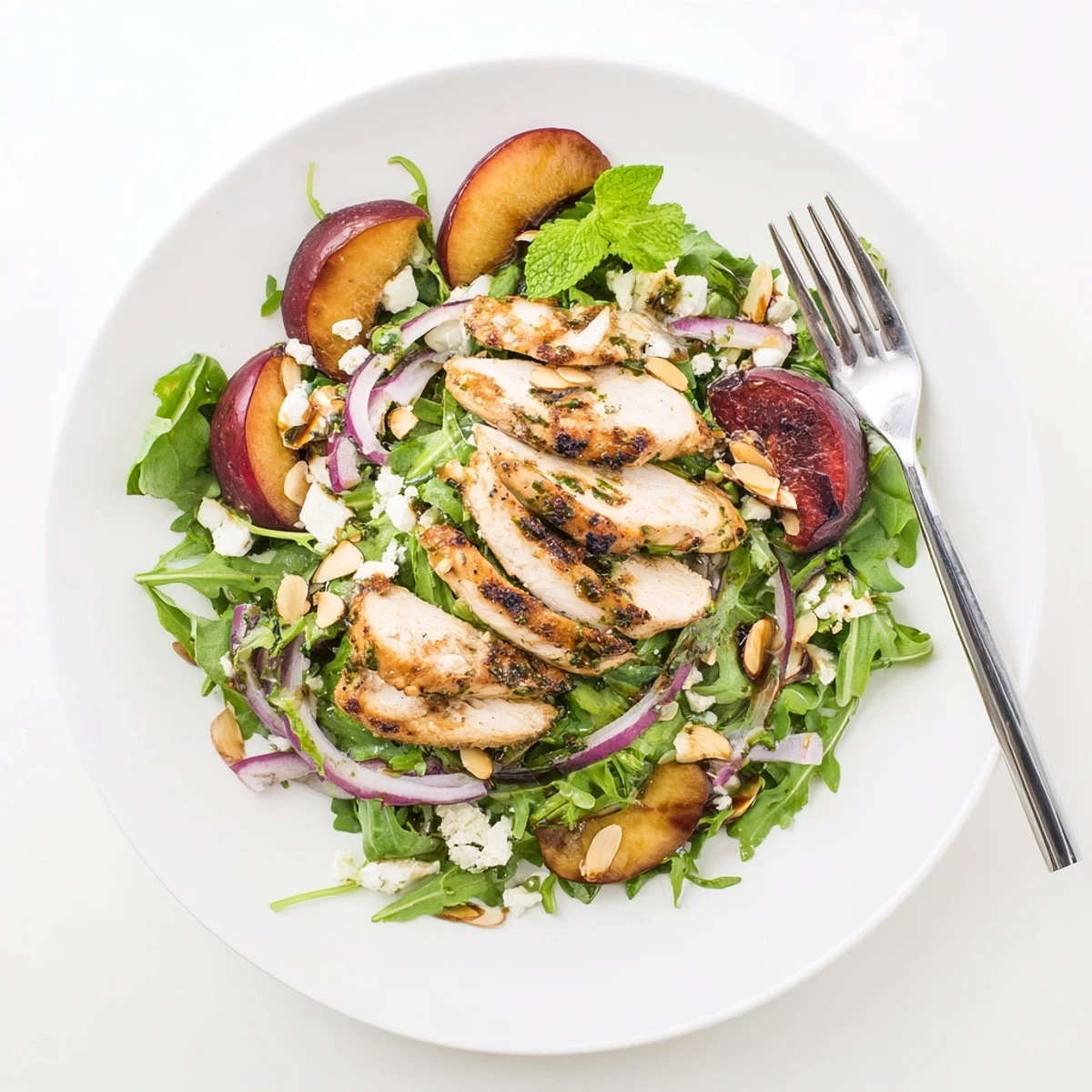 Grilled Plum and Arugula Chicken Salad with Mint on plate, juicy caramelized plums.