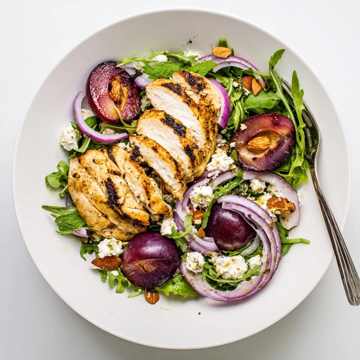 Peppery arugula and feta highlight Grilled Plum and Arugula Chicken Salad with Mint.
