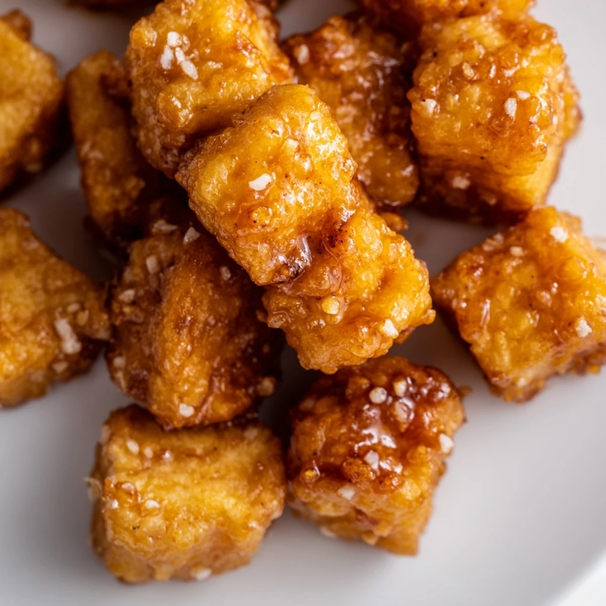 Golden crispy chili lime tofu cubes served over vibrant purple and green sesame cabbage slaw