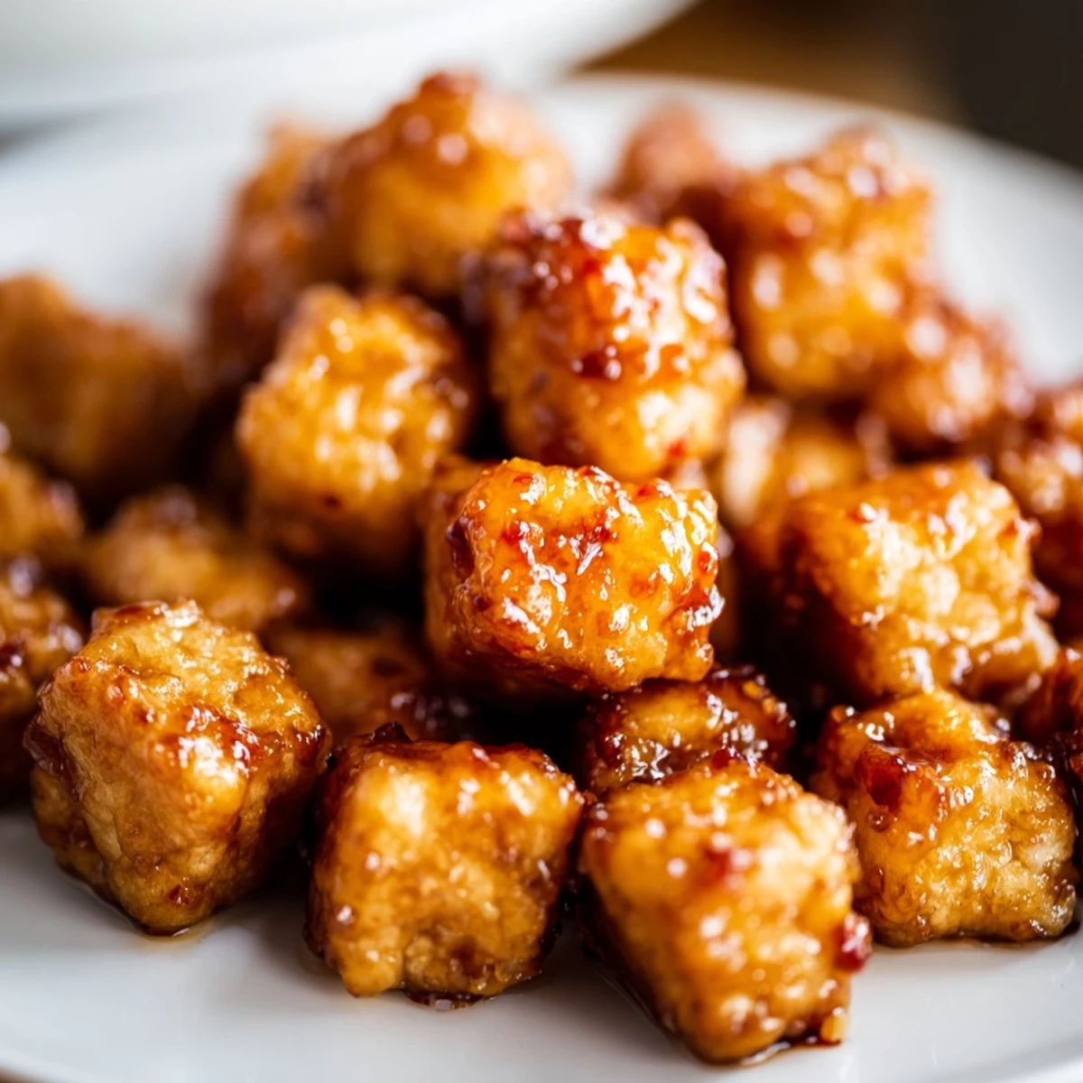 Golden tofu cubes coated in spicy chili lime sauce resting on colorful sesame cabbage crunch