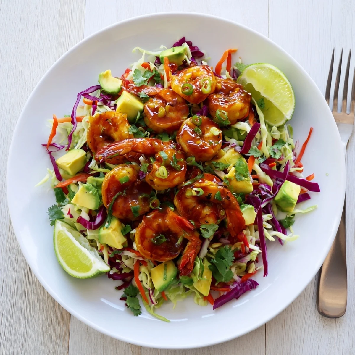 Golden spicy mango glazed shrimp plated over vibrant lime avocado slaw with fresh cilantro garnish