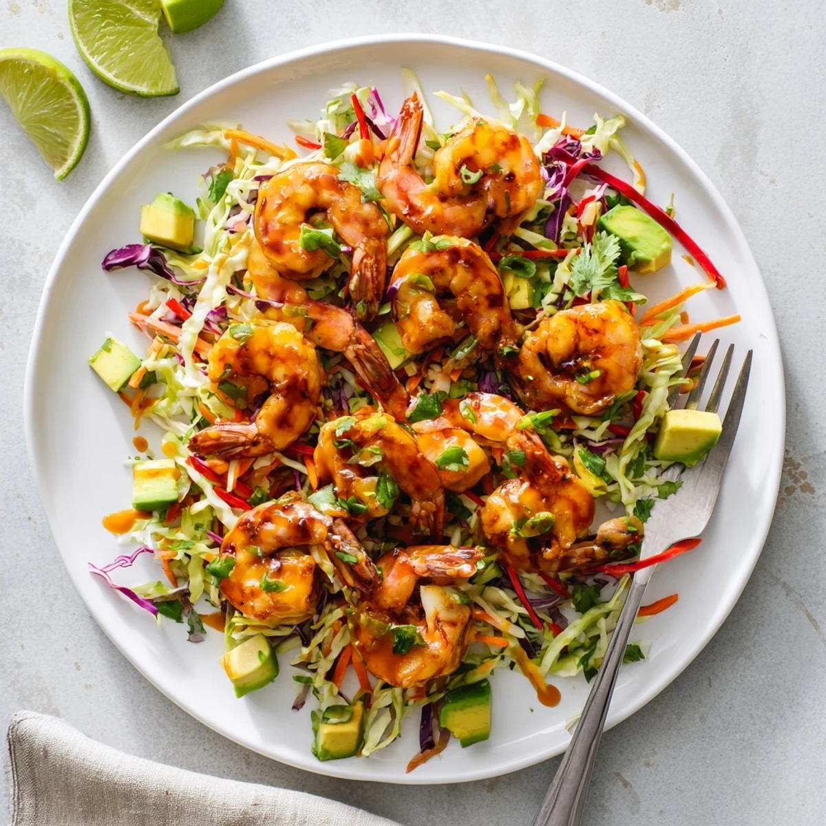 Fusion spicy mango shrimp with lime glaze served on crisp avocado slaw with zesty citrus notes