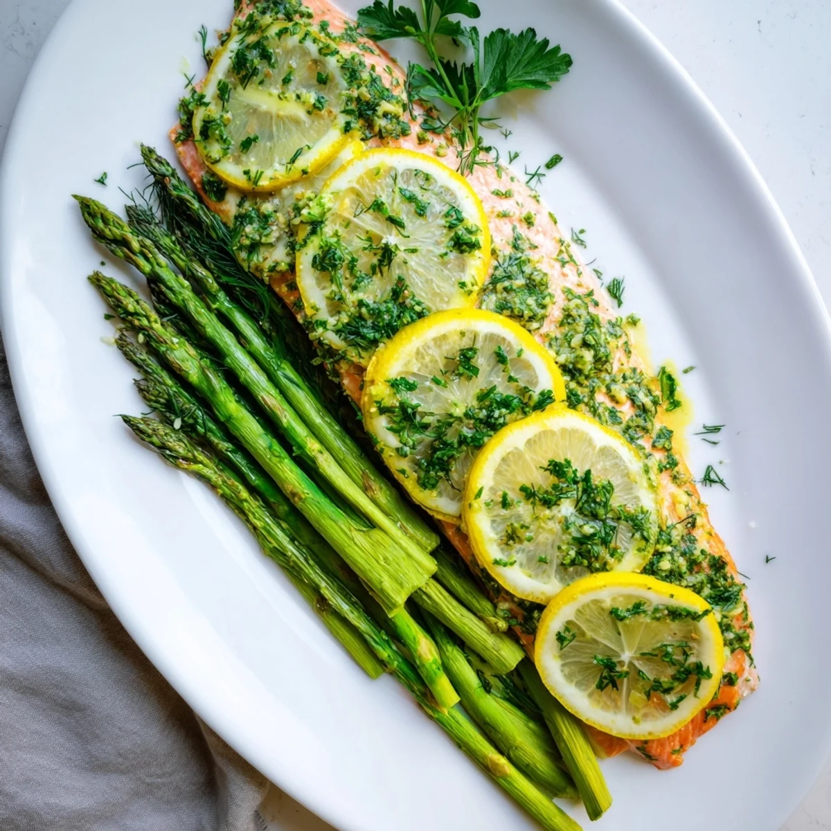 Flaky salmon seasoned with garlic and fresh herbs served alongside vibrant green asparagus garnished with lemon
