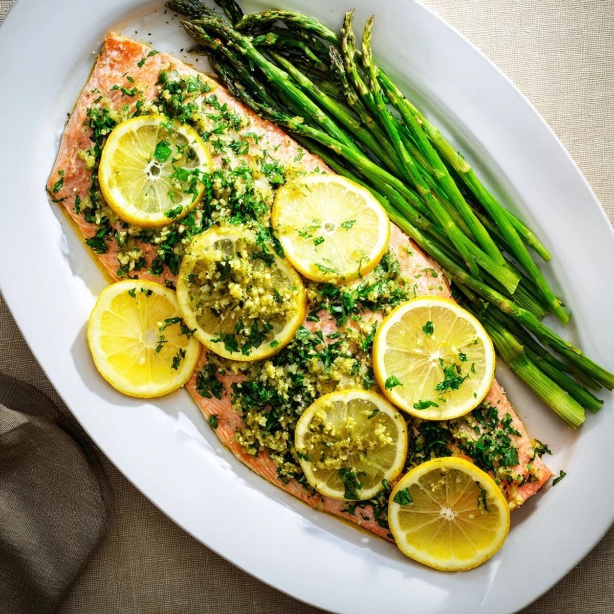 Golden baked garlic herb salmon fillets with tender roasted asparagus and fresh lemon slices on a white platter