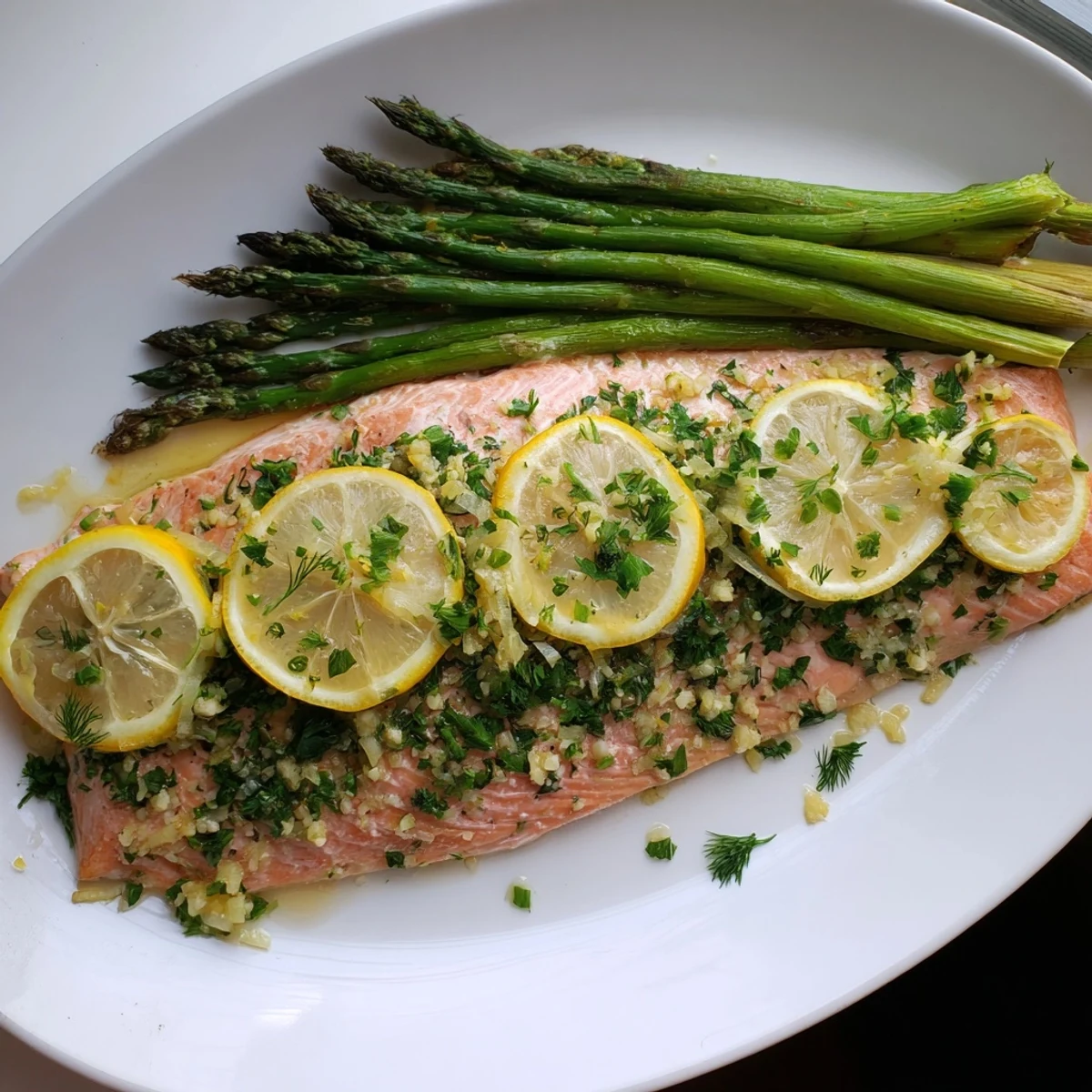 Sheet pan dinner featuring herb-crusted salmon and crisp asparagus roasted to perfection with zesty lemon accents