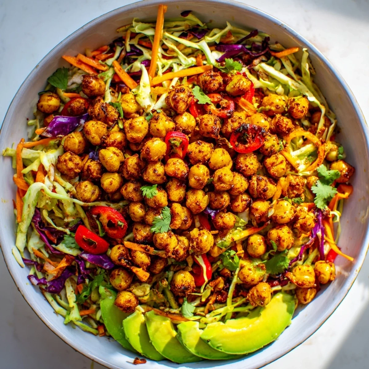 Golden crispy chili lime chickpeas atop colorful cabbage slaw with creamy avocado slices