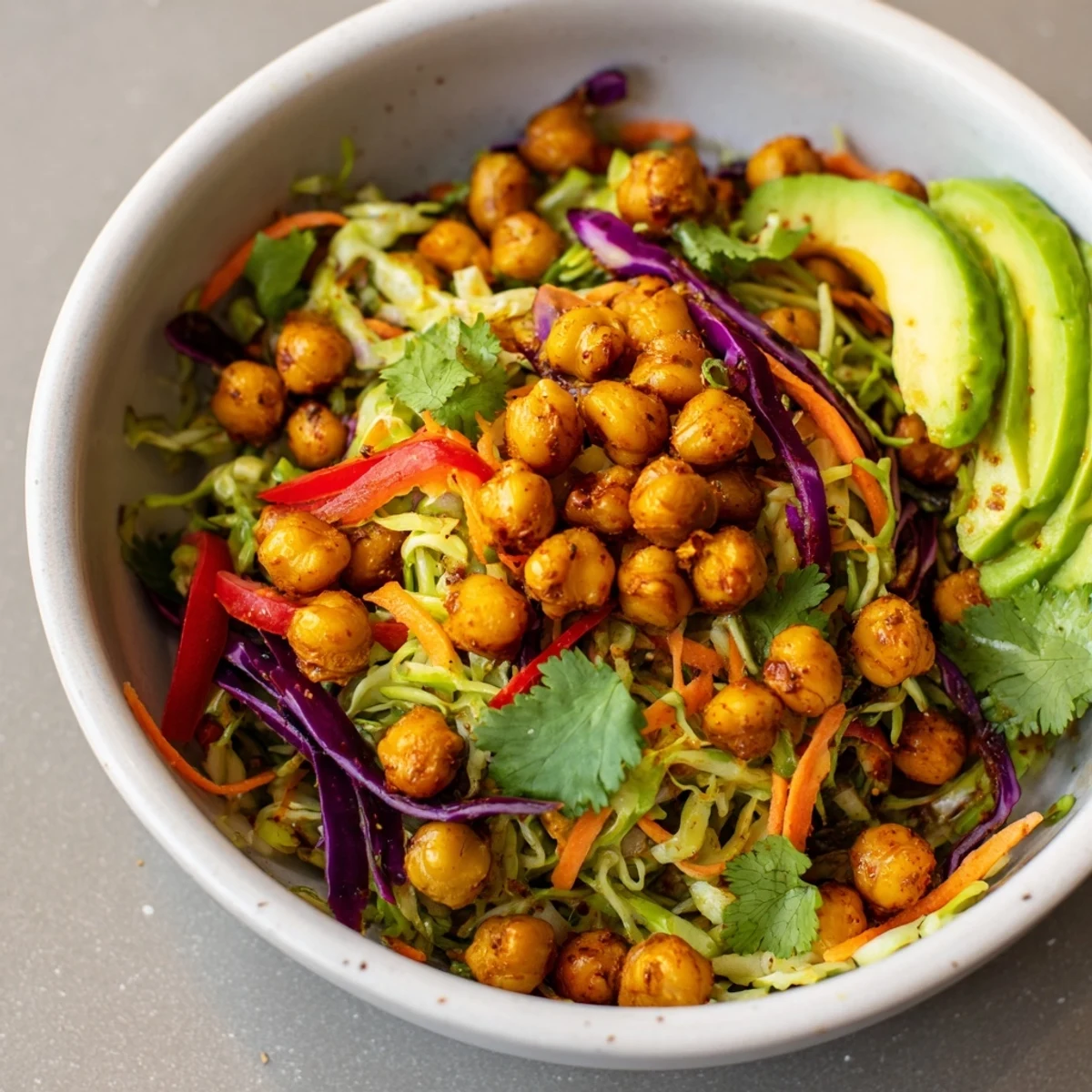 Vibrant bowl features spiced roasted chickpeas, crunchy rainbow slaw, and ripe avocado in zesty dressing
