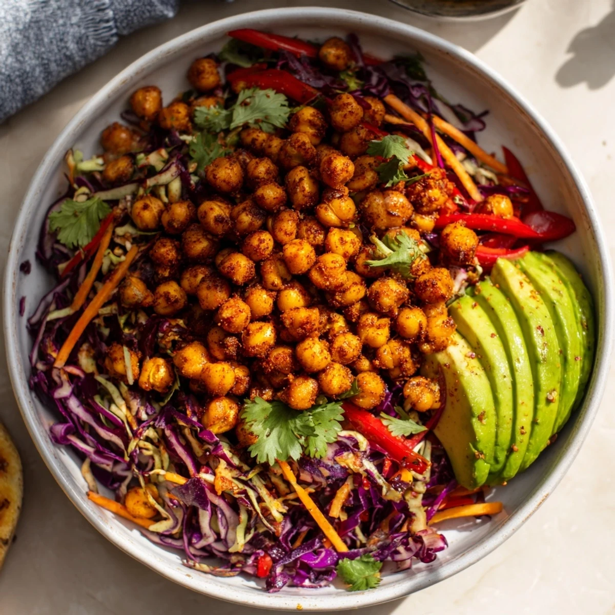 Protein-packed crispy chili lime chickpea bowl with fresh shredded vegetables and buttery avocado toppings