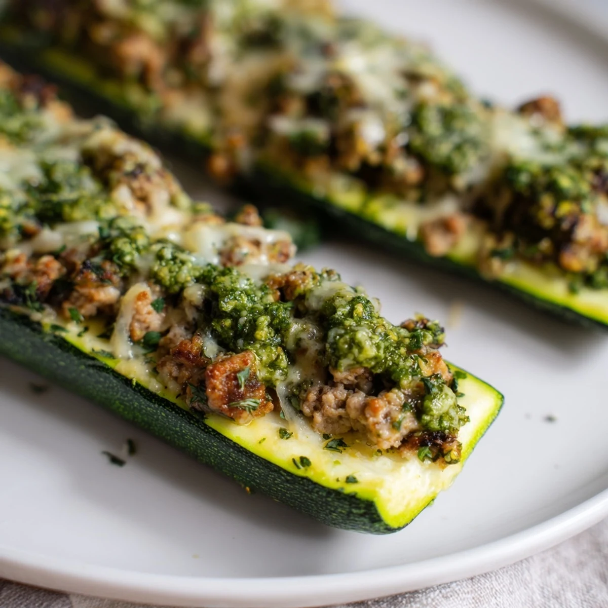 Golden pesto turkey and mushroom zucchini boats with fresh herbs on a white baking dish