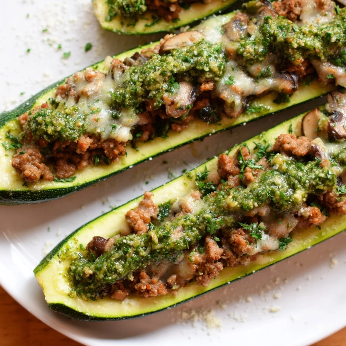 Tender zucchini boats stuffed with savory turkey mushrooms and topped with vibrant green basil pesto