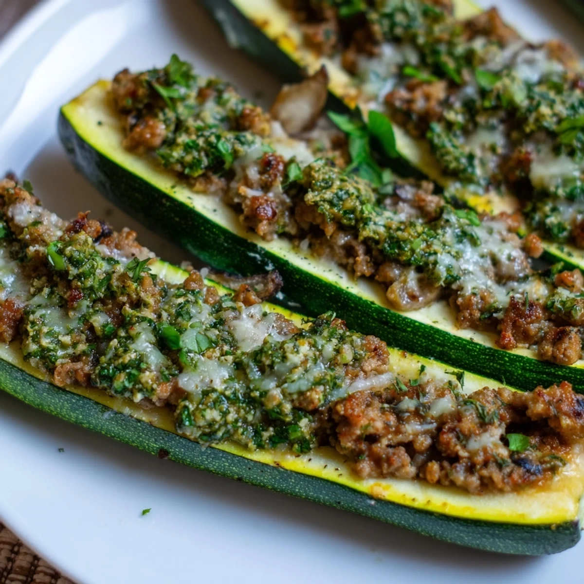 Low carb zucchini boats filled with ground turkey mushrooms and aromatic herbs with pesto drizzle