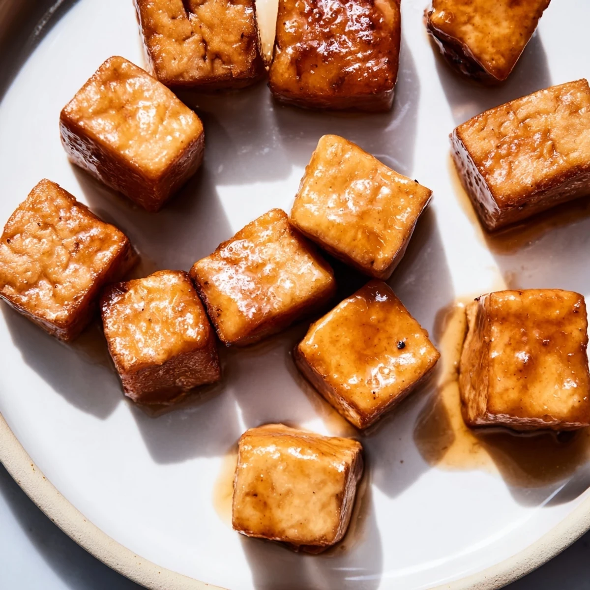 Golden miso maple tofu cubes arranged over vibrant purple cabbage and green snap pea slaw