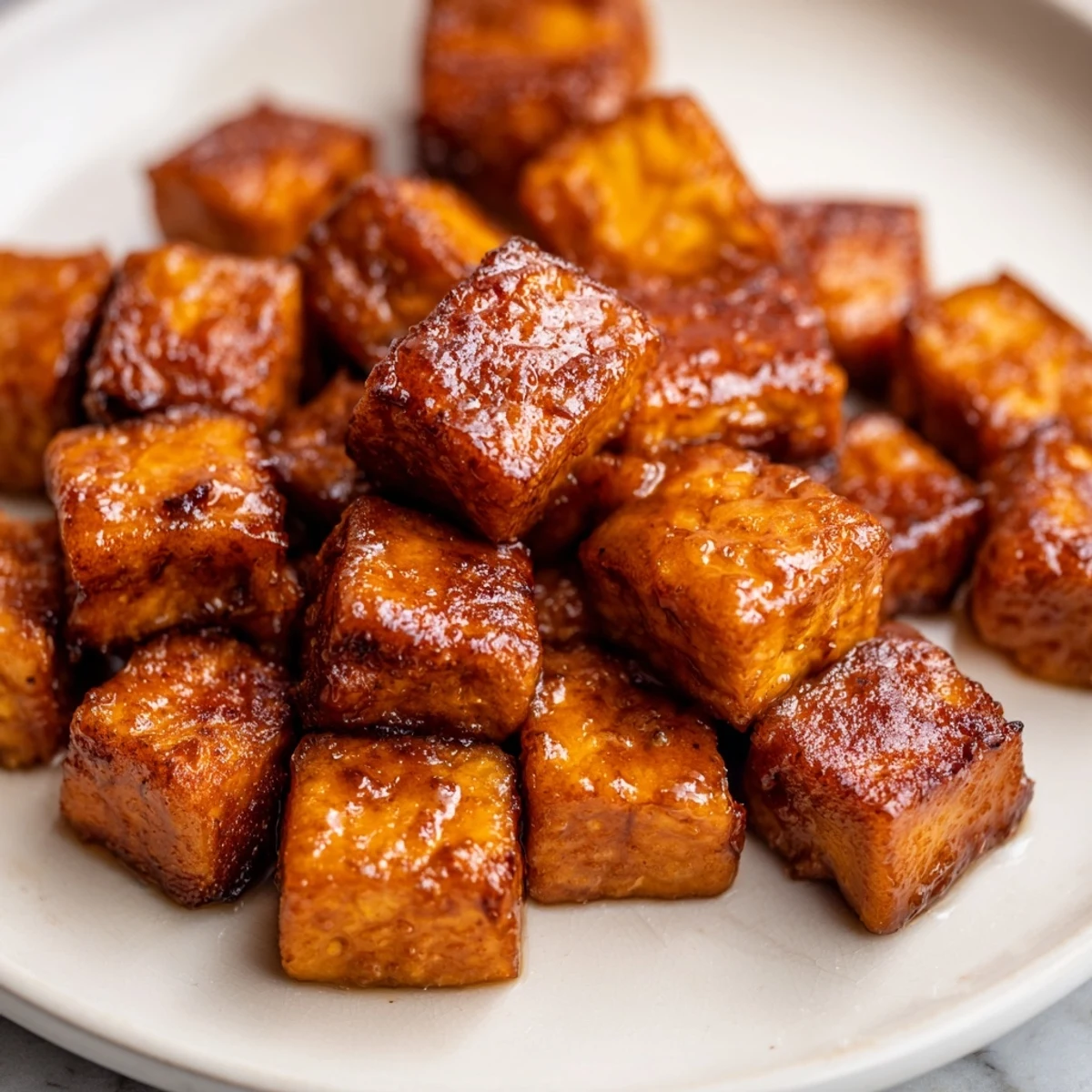 Glazed miso maple tofu resting on a bed of shredded red cabbage and crisp snap peas