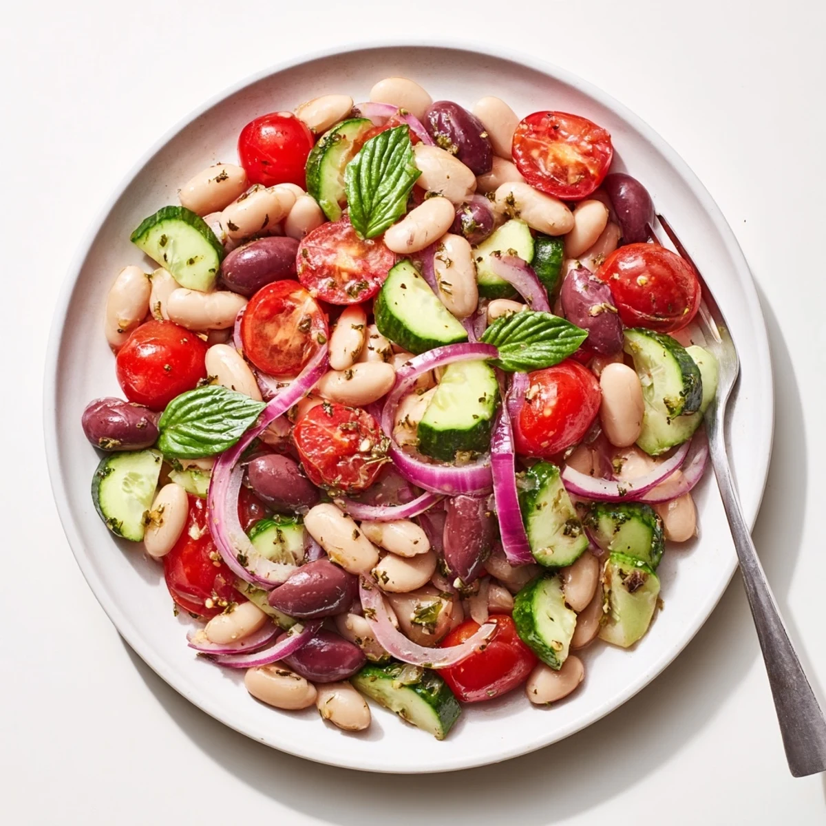 Colorful bowl of Mediterranean white bean salad featuring ripe tomatoes diced cucumber and torn fresh basil leaves