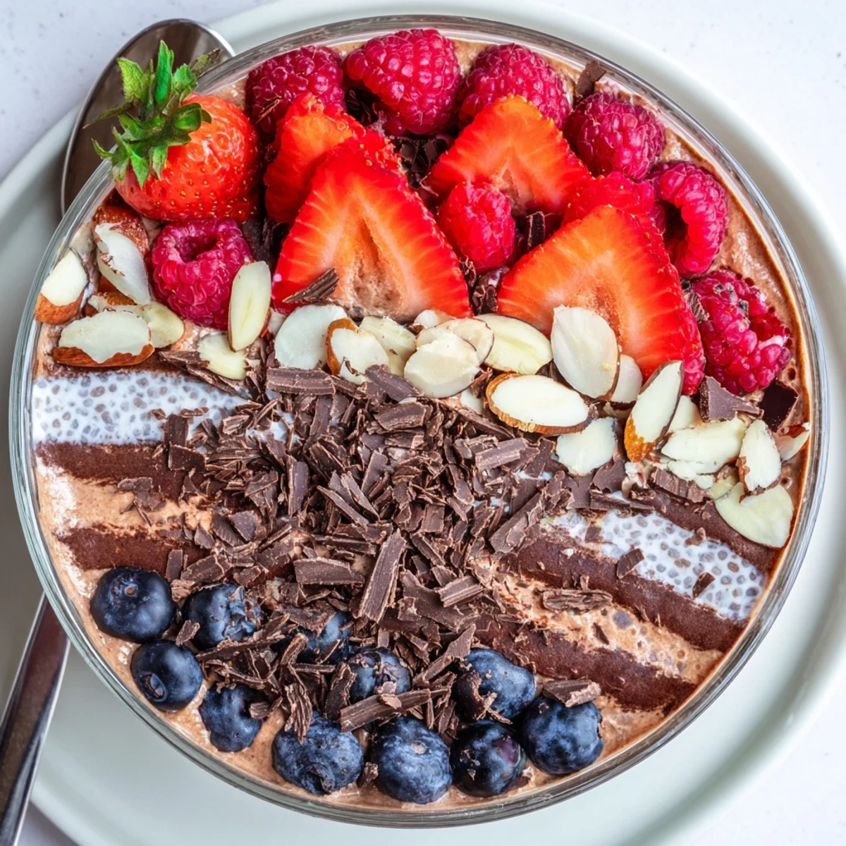Layered chocolate almond berry protein chia cream parfait topped with fresh berries and toasted almonds in a clear glass