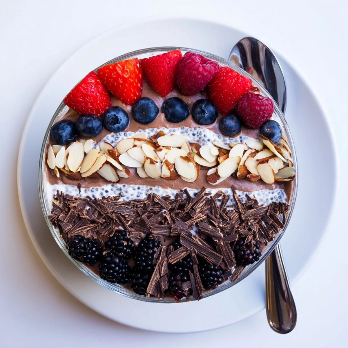 Decadent chocolate almond berry protein chia cream parfait with vibrant strawberries and almond topping ready to serve