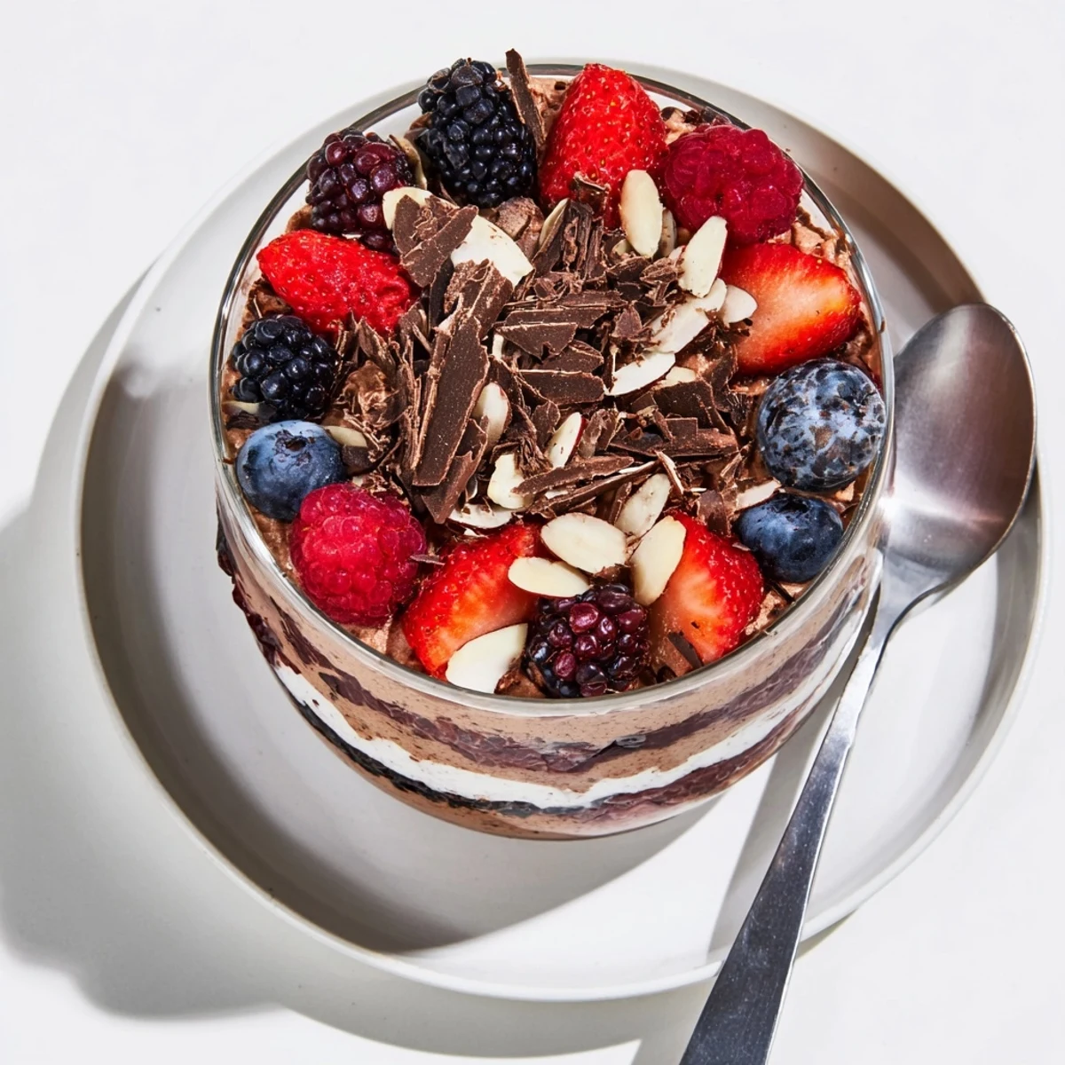 Glass bowl displaying chocolate protein chia cream layered with mixed berries and crunchy sliced almond garnish