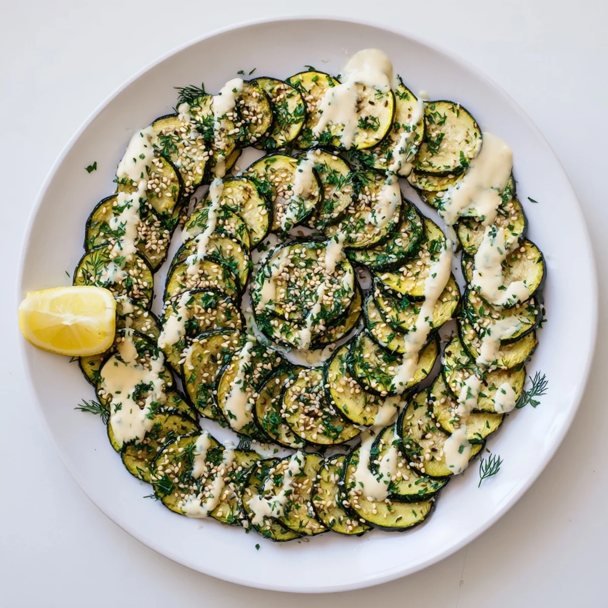 Golden roasted zucchini rounds drizzled with creamy lemon herb tahini sauce and garnished with fresh parsley