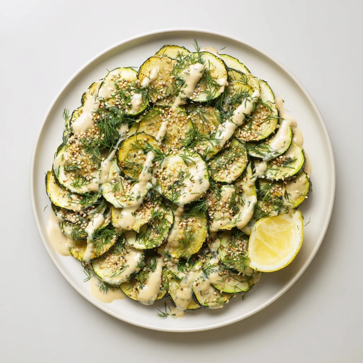 Roasted zucchini plated with zesty tahini dressing and toasted sesame seeds on a white serving dish