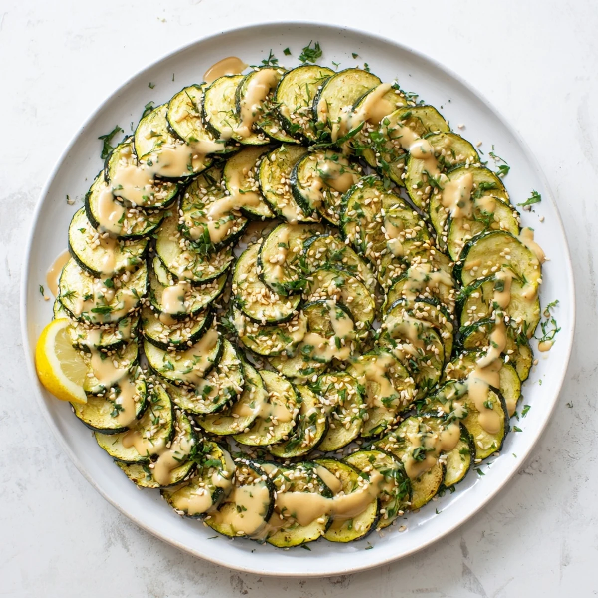 Close up of tender roasted zucchini slices topped with velvety herb tahini sauce and lemon wedges