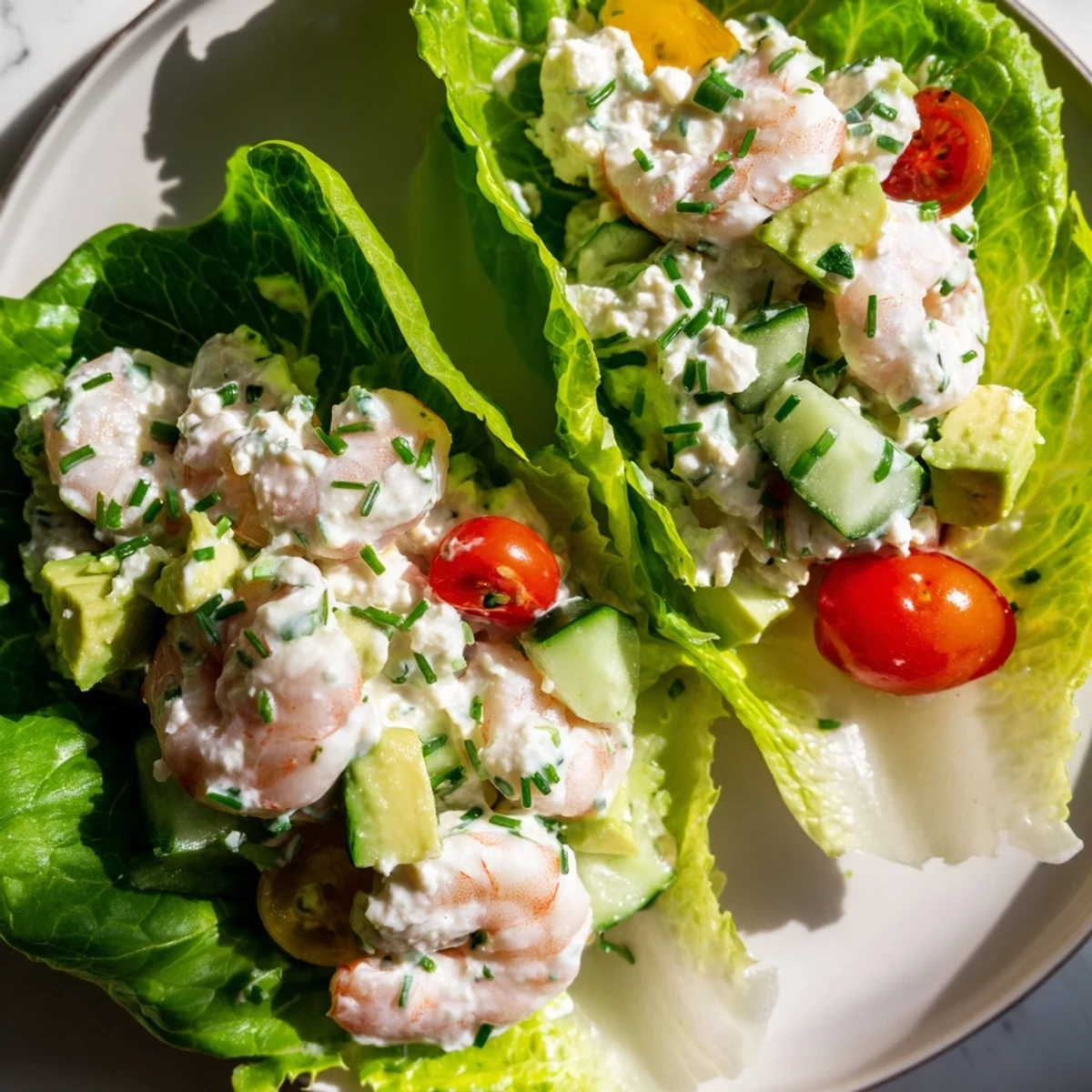 Crisp lettuce cups filled with creamy cottage cheese and tender garlic herb shrimp