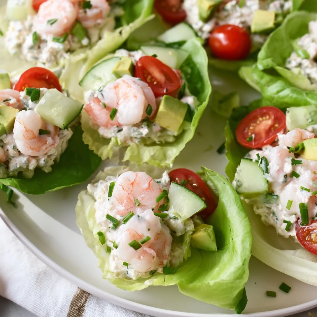 Garlic herb shrimp nestled in crisp lettuce cups with creamy cottage cheese and fresh toppings