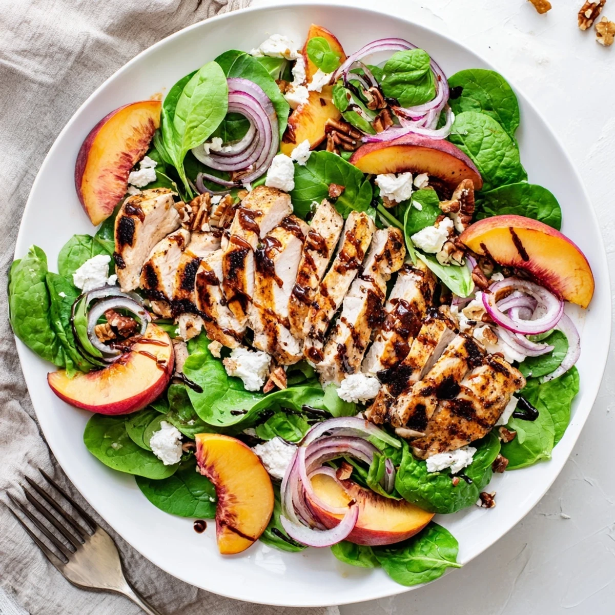 Golden grilled peach slices atop tender chicken and fresh spinach in this vibrant summer salad