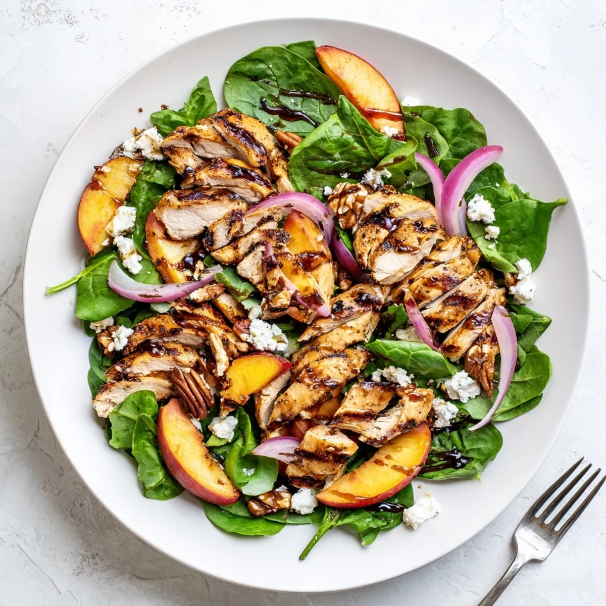 Sliced grilled chicken and juicy peaches layered over baby spinach with crumbled feta and basil