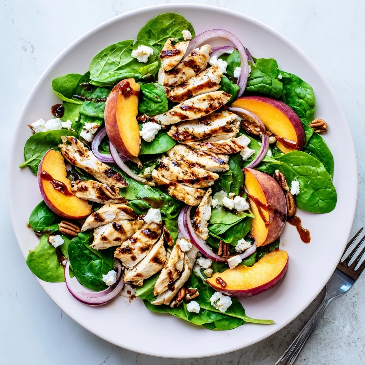 Colorful bowl of grilled peach and spinach chicken salad drizzled with tangy balsamic vinaigrette