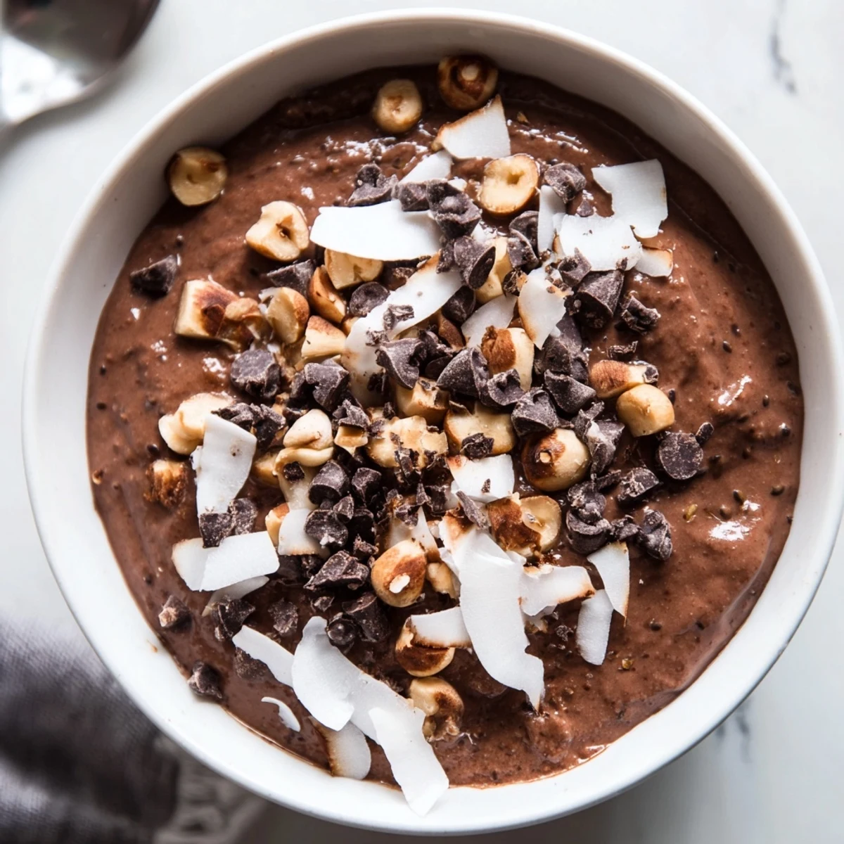 Creamy vegan chocolate hazelnut coconut protein chia pudding served in chilled glass bowls