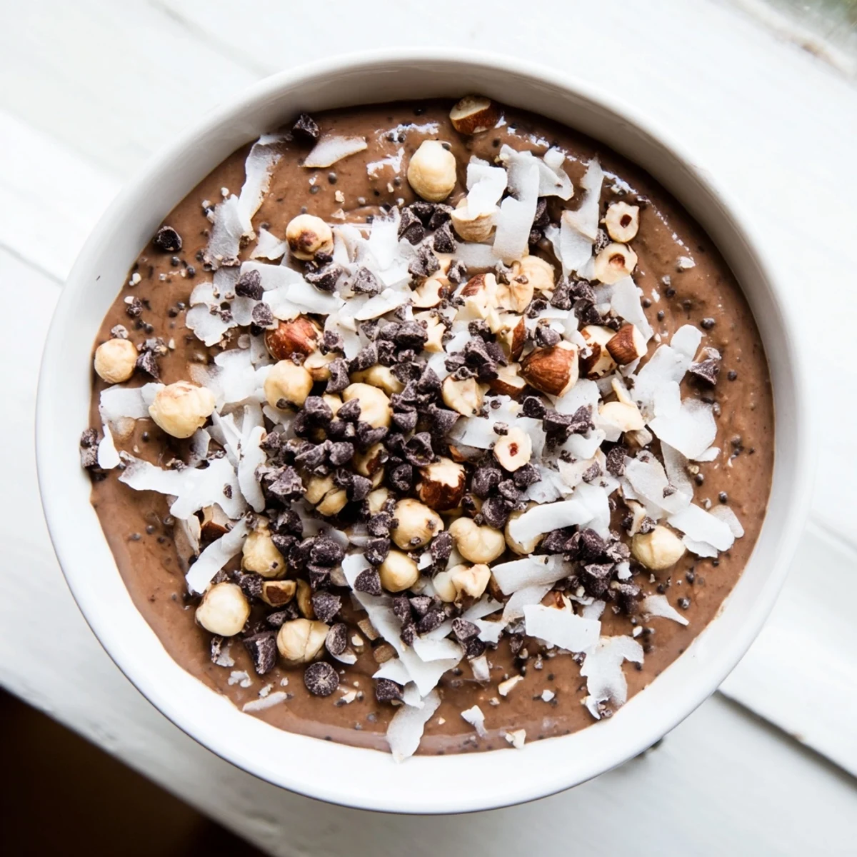 Decadent chocolate hazelnut coconut protein chia cream with dark chocolate chips and coconut flakes