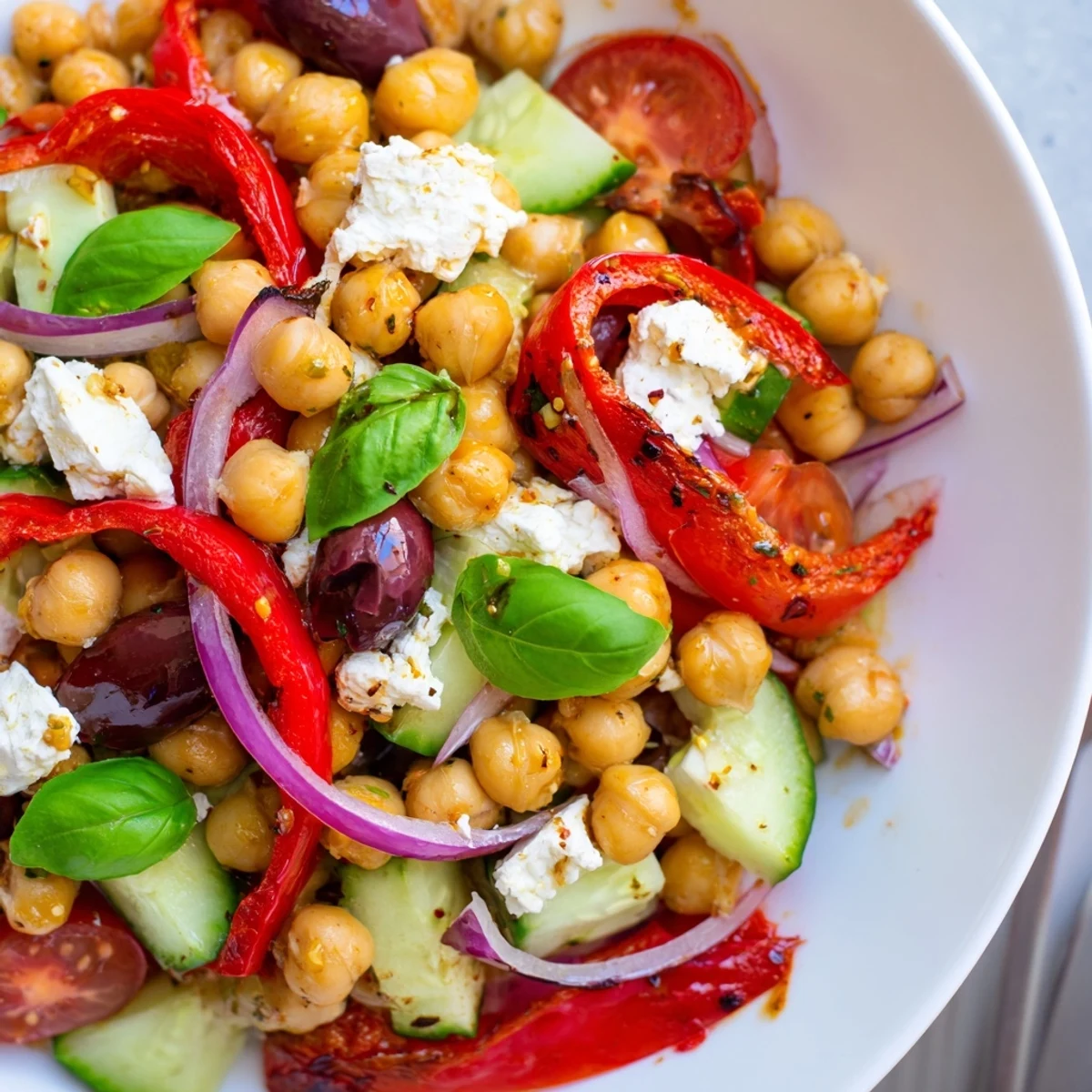Fresh Mediterranean Chickpea and Roasted Pepper Basil Salad with red peppers and green basil