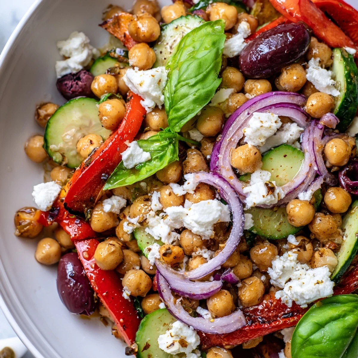 Colorful Mediterranean Chickpea and Roasted Pepper Basil Salad in a white serving bowl