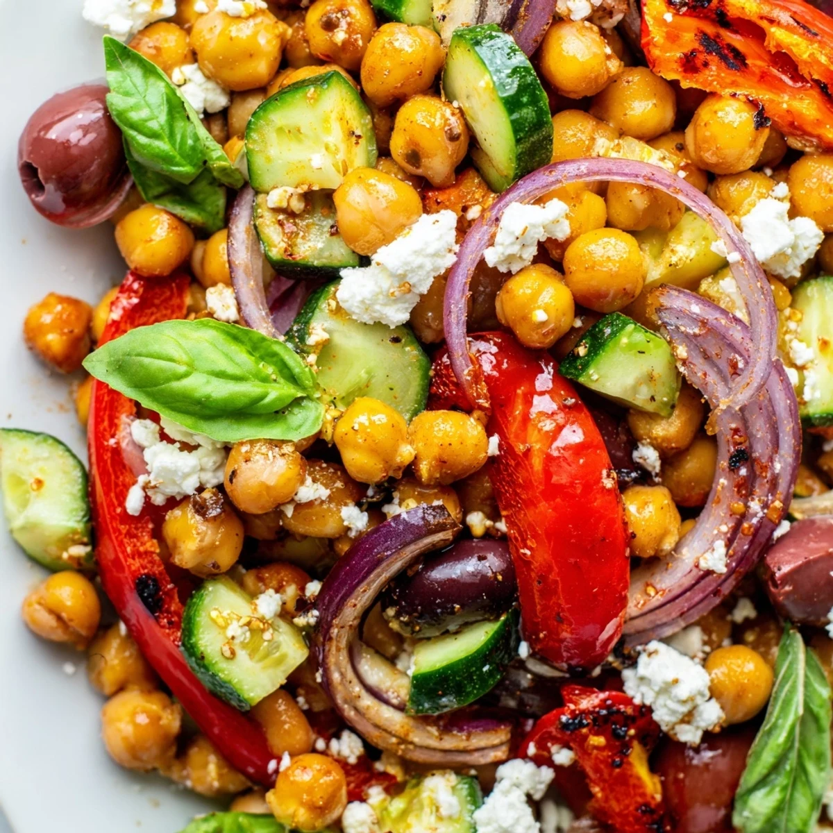 Mediterranean Chickpea and Roasted Pepper Basil Salad topped with white feta cheese crumbles