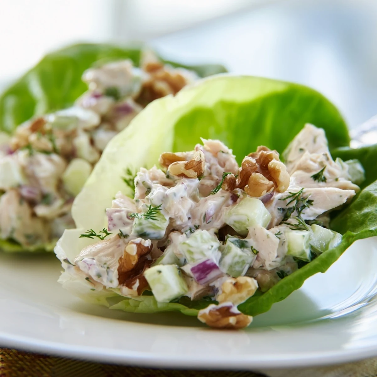 Golden diced chicken folded into zesty cottage cheese mixture inside green lettuce cups
