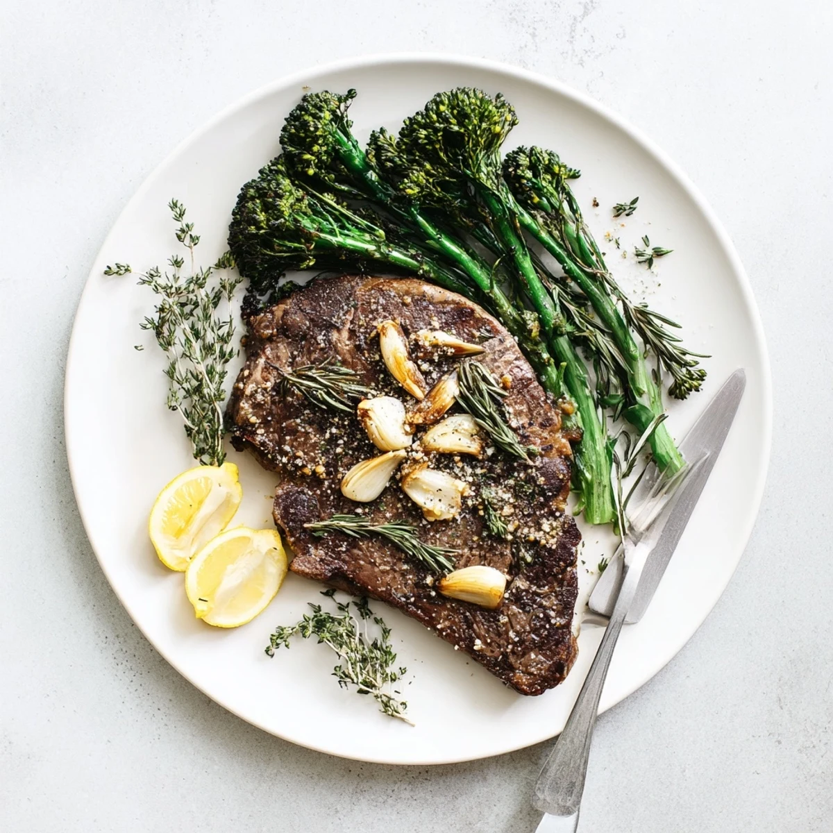 Succulent pan-seared steak basted with garlic butter served beside crisp tender broccolini with bright lemon wedges
