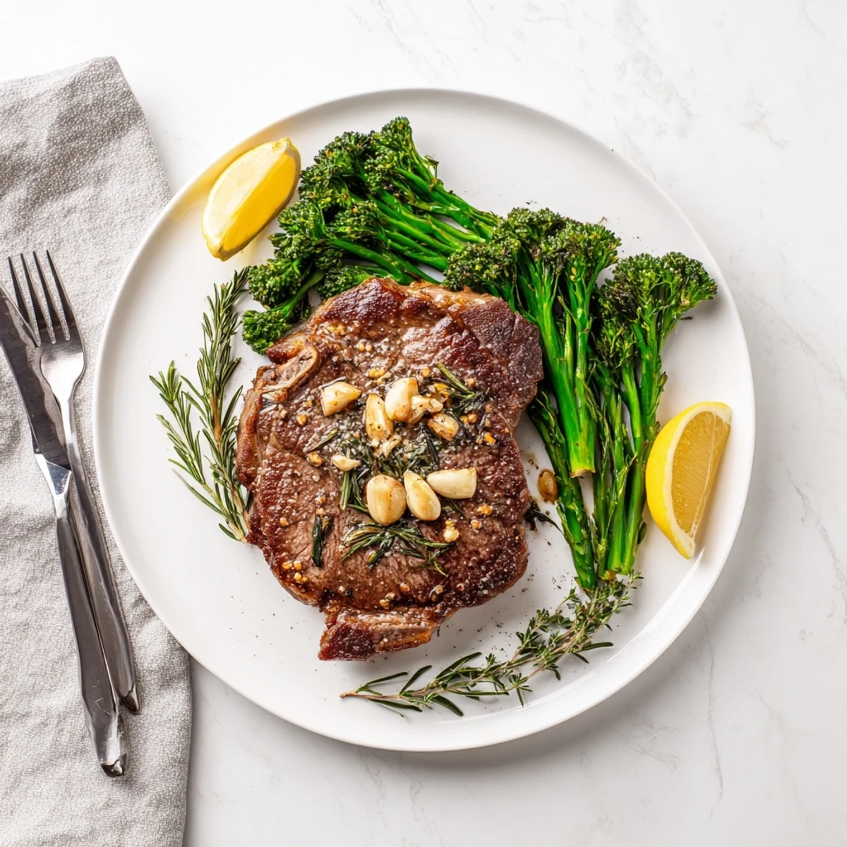 Juicy ribeye steak seasoned with rosemary and thyme paired with lemon roasted broccolini on a rustic wooden board