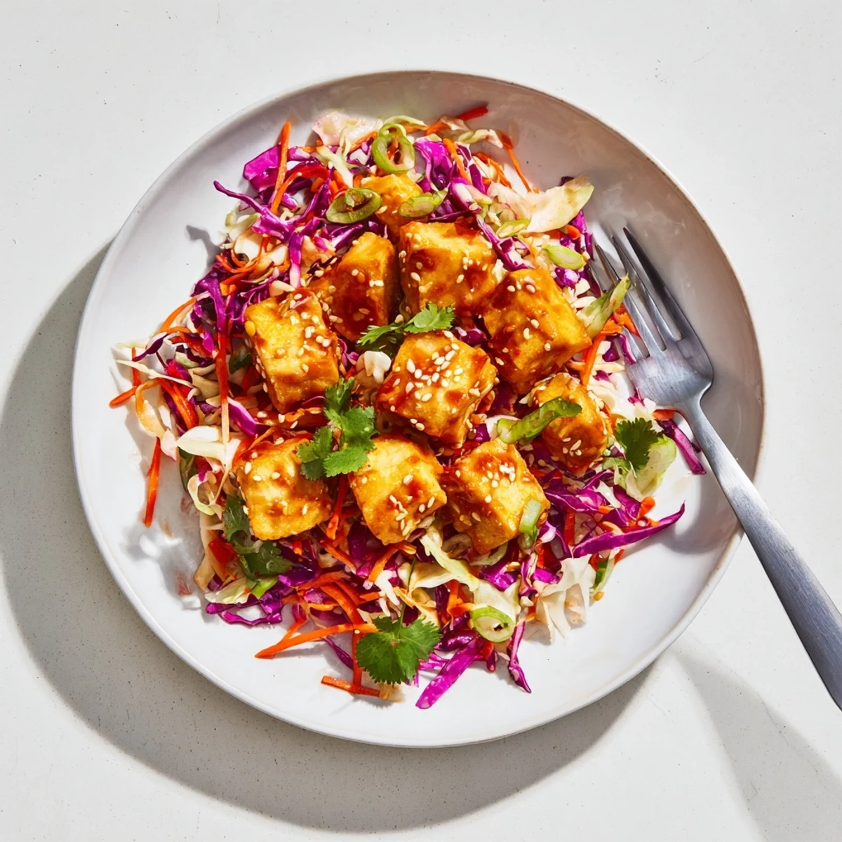 Golden crispy chili sesame tofu cubes served over colorful ginger cabbage slaw with fresh cilantro garnish
