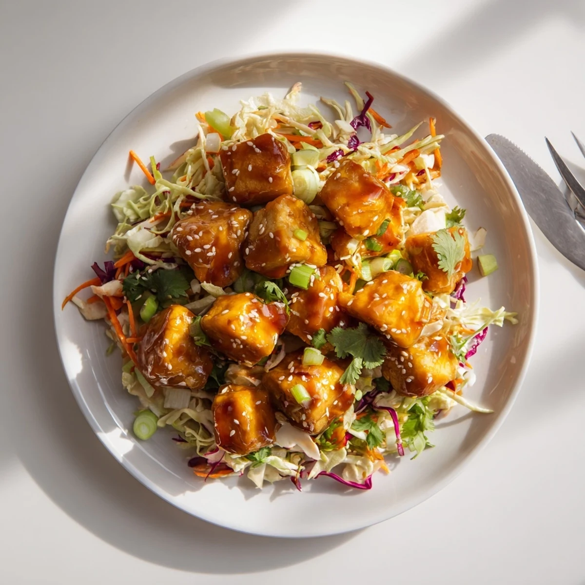 Spicy glazed tofu arranged atop vibrant purple and green cabbage slaw with shredded carrots and sesame seeds