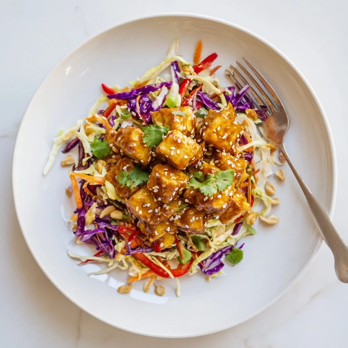 Vegan crispy chili sesame tofu plated on refreshing ginger slaw with red and green cabbage mix